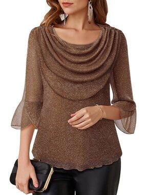 Women's Brown Cowl Neck Blouse Dressy Casual Outfit 3/4 Sleeve Sparkly Top